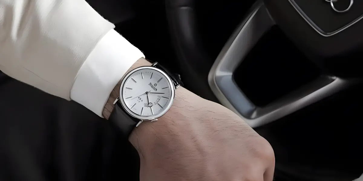 Classic dress watch with slim case and leather strap for formal occasions